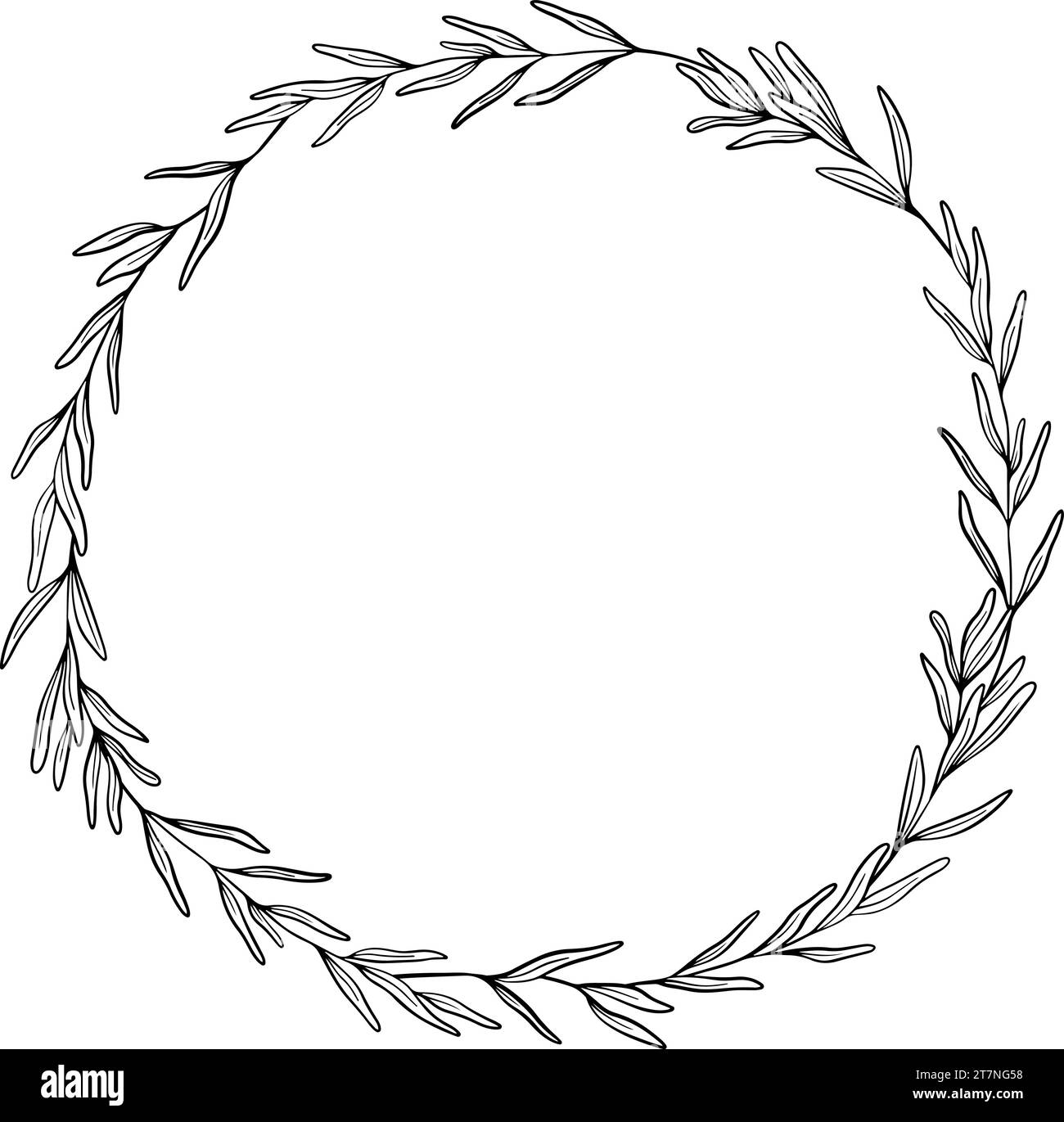 Kranz aus Lavendel hinterlässt die Zeichnung von Strichbildern. Handgezeichnete schwarze Skizze. Design für Hochzeitseinladungen, Logos, Karten, Verpackungen und Etiketten. Botanik Stock Vektor