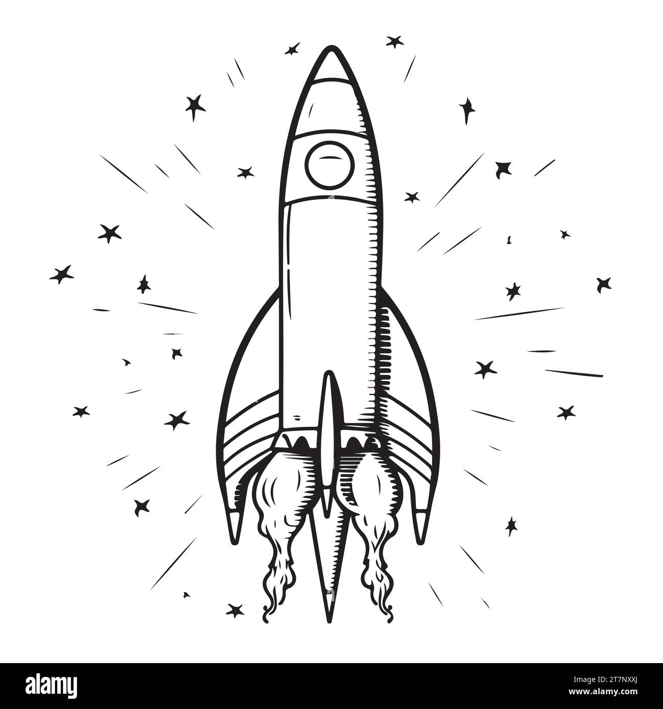Kinder zeichnen eine hochfliegende Rakete, handgezeichnete Skizze im Doodle-Stil. Vektorabbildung Stock Vektor