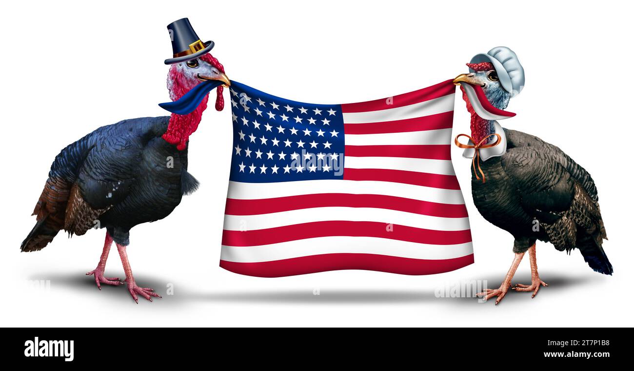 Thanksgiving-Truthühner als männlicher und weiblicher truthahn in Pilgerkleidung, stolz mit der amerikanischen Flagge, die Einheit Dankbarkeit und kultura symbolisiert Stockfoto