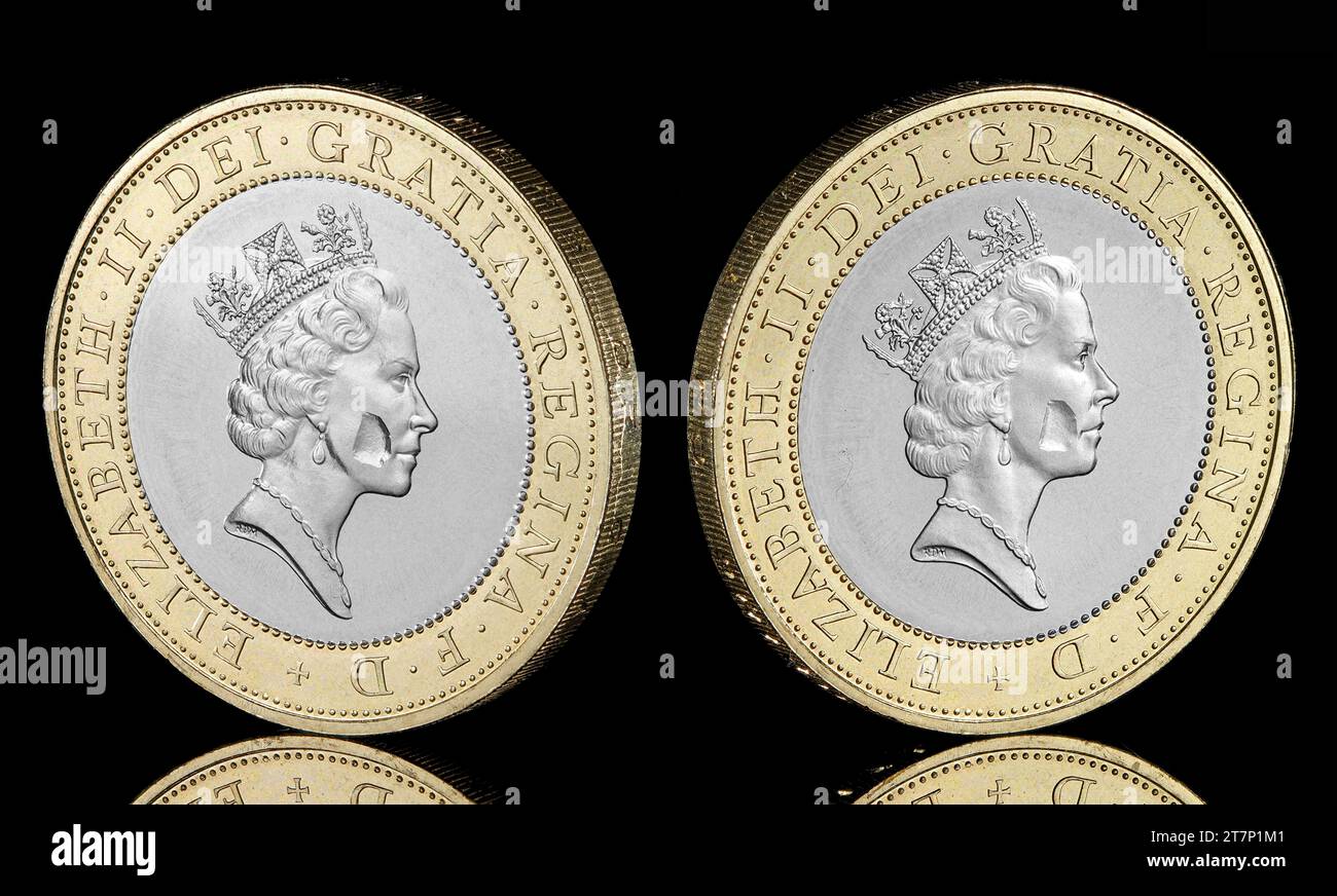 Ein Bimetall 1997 £ 2 mit einem Prägefehler. Ein großes Stück von Königin Elisabeth II. Fehlt Stockfoto