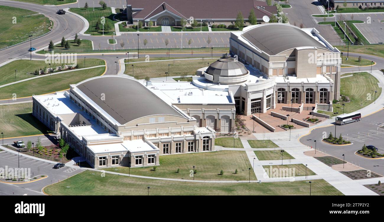 Eine Luftaufnahme des Stephens Performing Arts Center auf dem Campus der Idaho State University in Pocatello, Idaho. Stockfoto