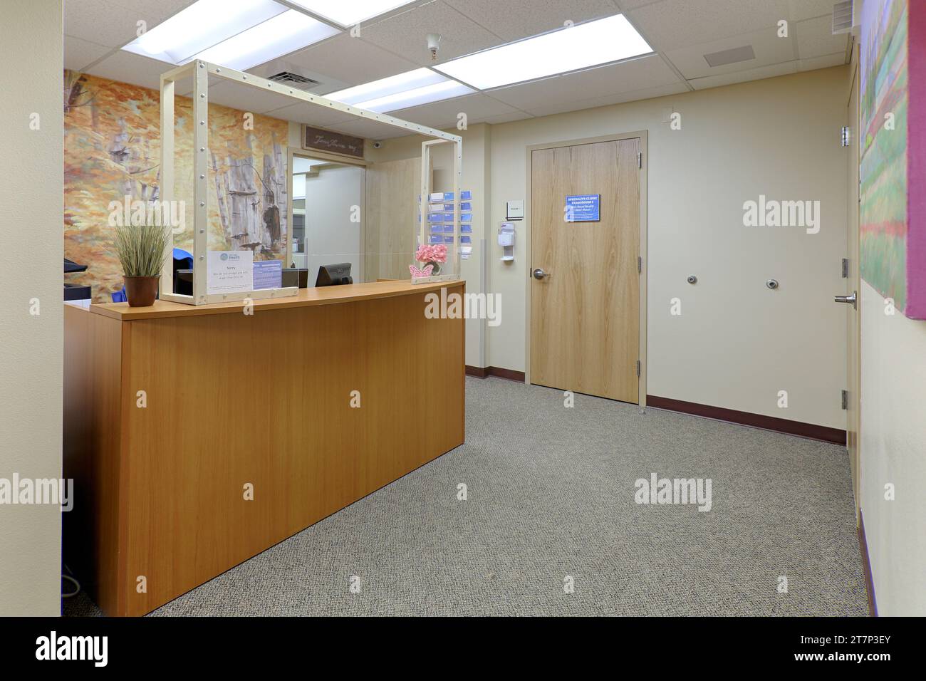 Die Innenlobby und der Rezeptionsbereich eines kleinen medizinischen Zentrums. Stockfoto