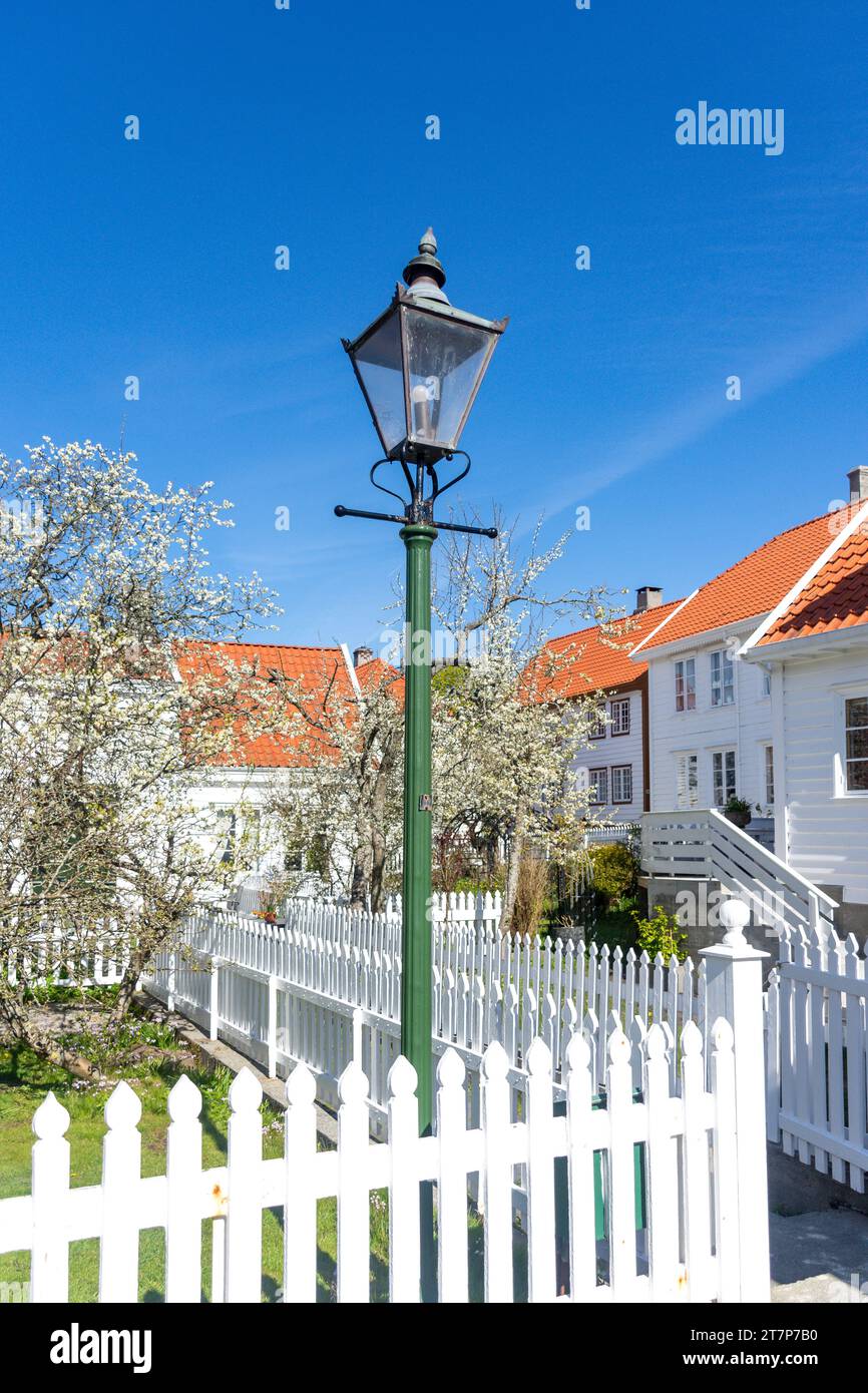 Traditionelle weiße Holzhäuser mit Gärten, Søragadå, Skudeneshavn, Insel Karmøy, Komitat Rogaland, Norwegen Stockfoto