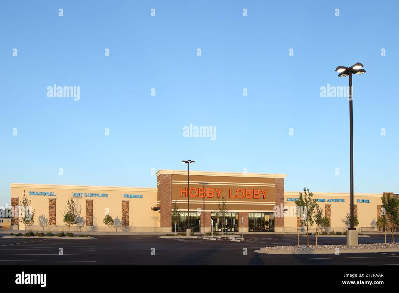 Ein Bild der Vorderfassade eines Hobby Lobby Einzelhandels aus Ziegelstein und Mörser Stockfoto