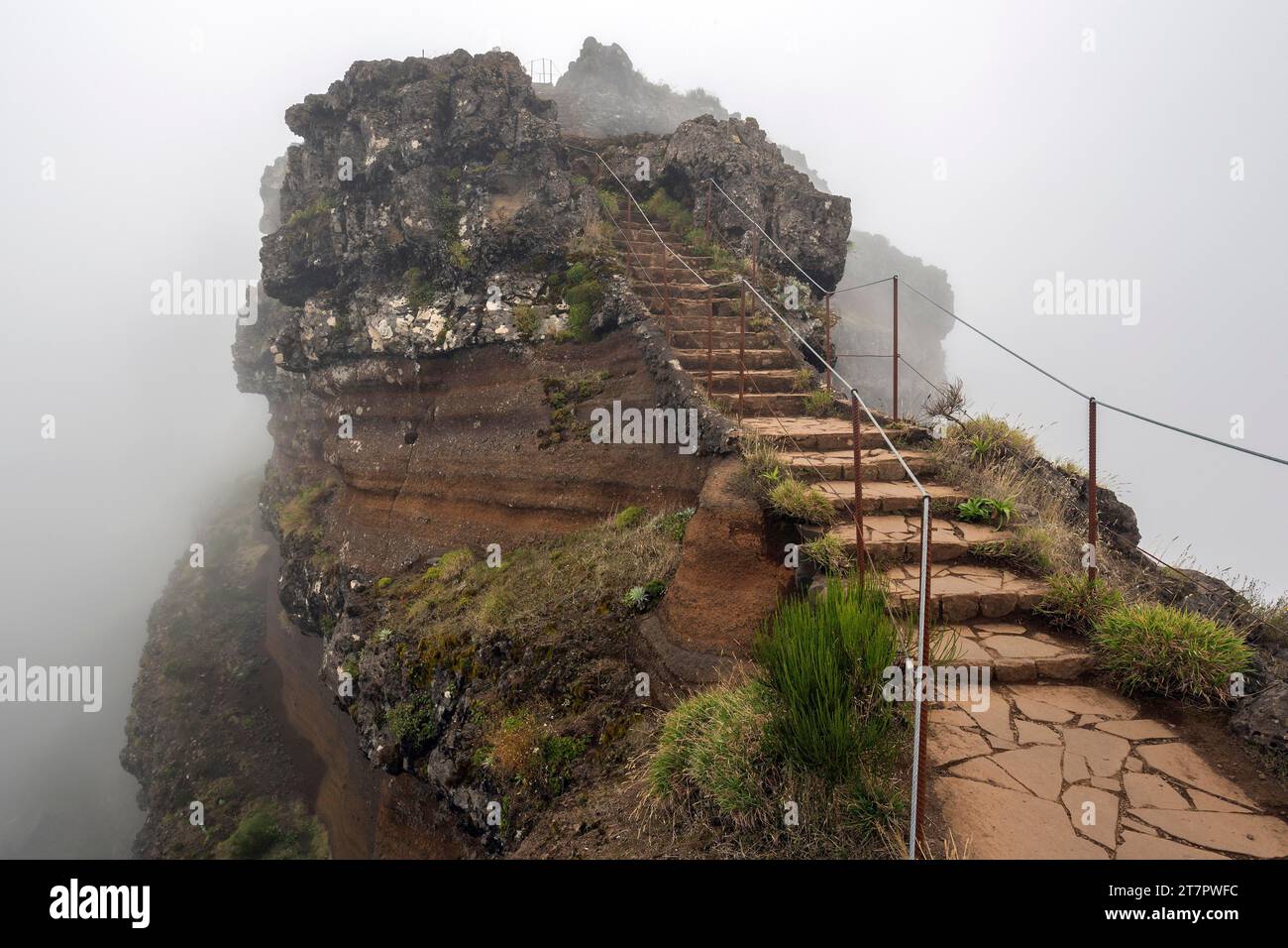 Wanderweg PR1 Vereda do Areeiro im Nebel, von Pico do Arieiro nach Pico Ruivo, Madeira, Portugal Stockfoto