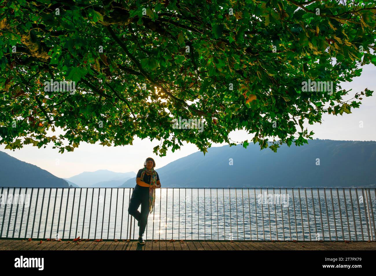 Frau, die unter einem wunderschönen Baum mit Zweig an der Uferpromenade mit Geländer zum Luganersee mit Berg an einem sonnigen Sommertag in Bissone steht Stockfoto