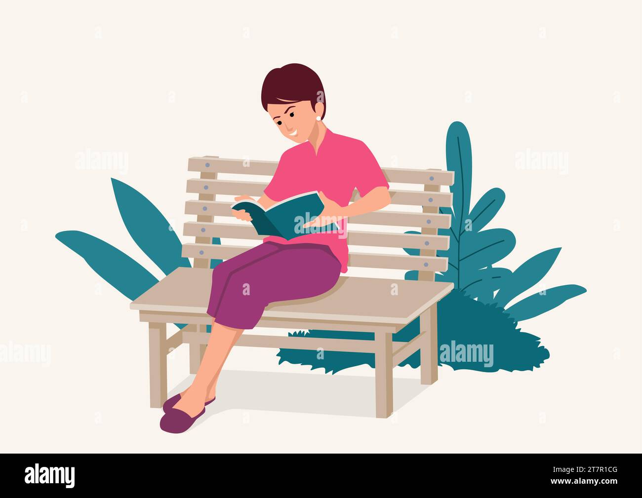 Einfache flache Vektor-Illustration einer Frau, die auf einer Holzbank sitzt, während sie ein Buch liest Stock Vektor