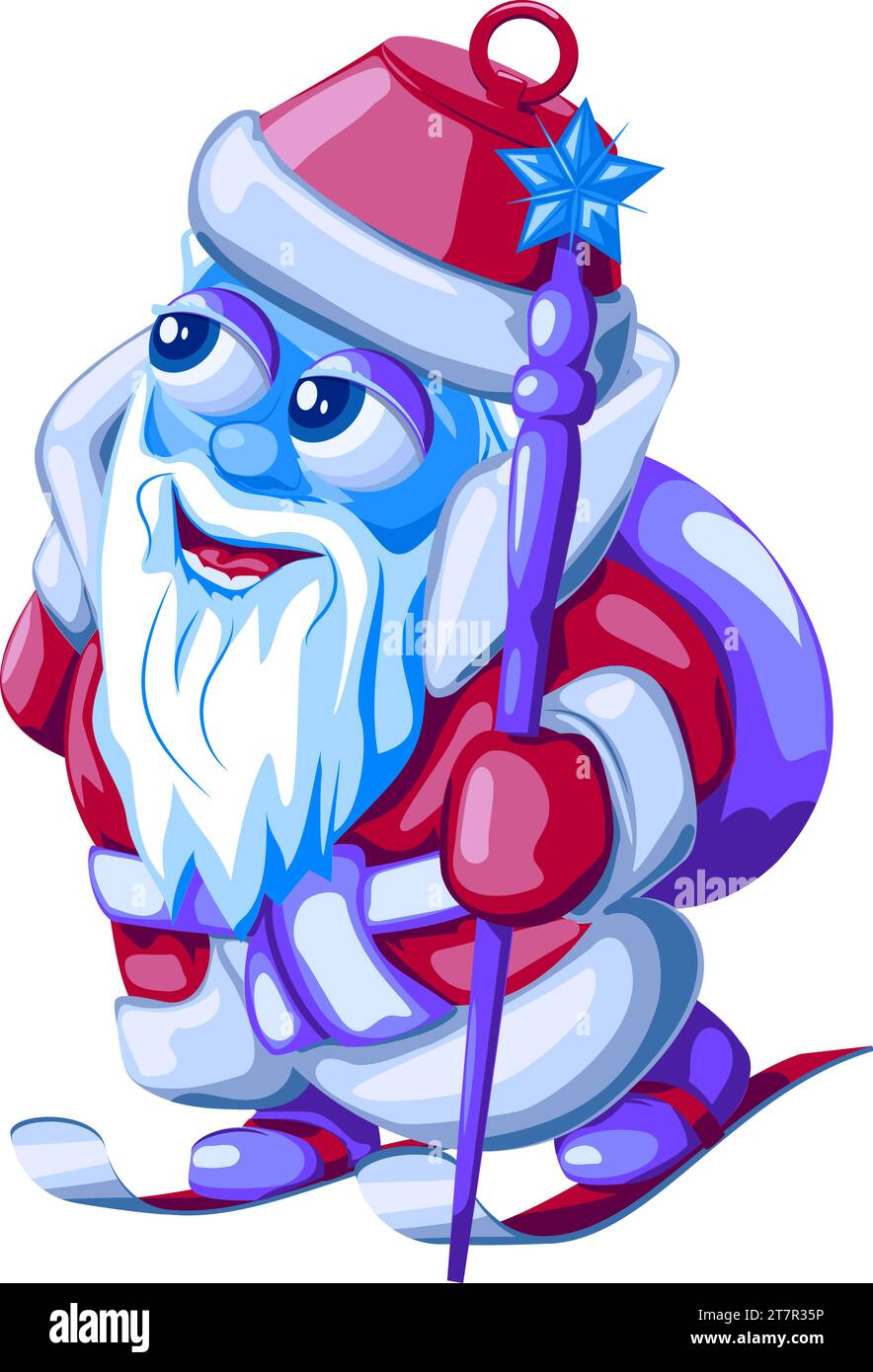 Weihnachtsbaumspielzeug Weihnachtsmann auf Skiern mit Geschenktüte und Personal. Vektor-Illustration des Silvesterspielzeugs Santa Claus (Ded Moroz) auf Skiern in Cartoon Stock Vektor