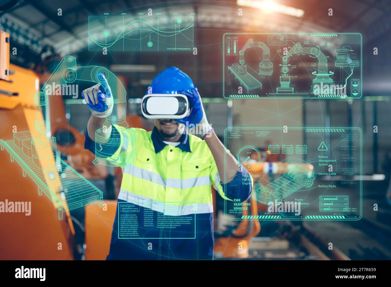 Ingenieur verwenden VR Virtual-Reality-Technologie Steuerung Bedienen Sie Robotermaschine in modernen Fabrik neue Innovation in der Ingenieurindustrie Stockfoto