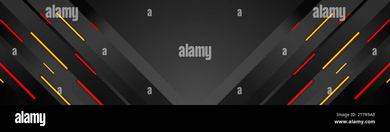 Abstrakter schwarzer Geometriehintergrund mit orangeroten leuchtenden Neonlinien. Futuristisches Vektorbanner-Design Stock Vektor