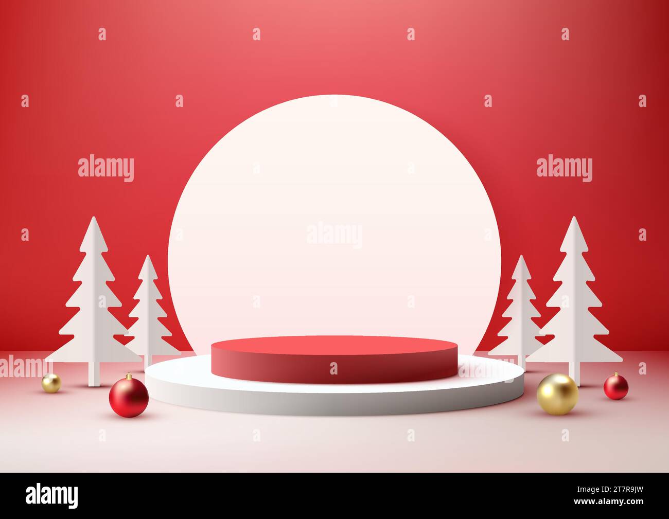 Weihnachtliche festliche 3D realistische weiße und rote Farbe Podium Dekoration mit Kiefer und vielen Kugeln auf rotem Wandhintergrund. Weihnachtsferienkonzept p Stock Vektor