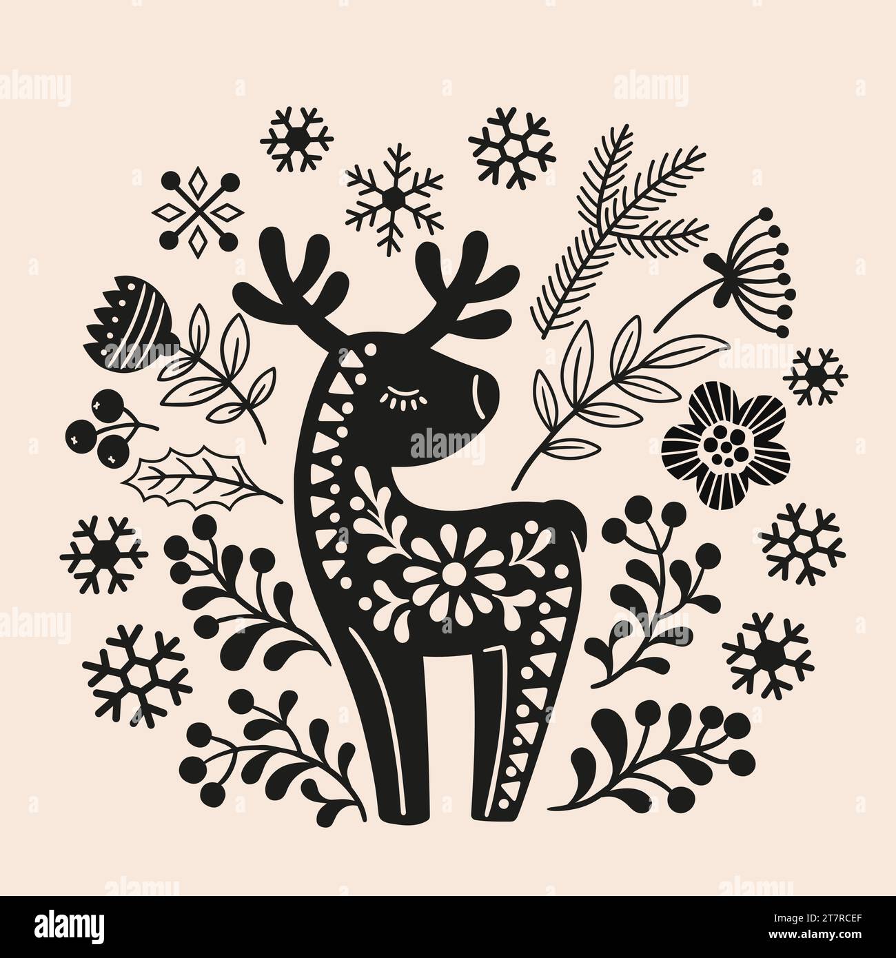 Vektorhandgezeichnete Illustration von Tieren im nordischen Stil Hygge. Silhouette eines Hirsches in einem Blumenmuster im skandinavischen Stil Stock Vektor