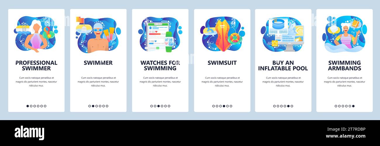 Professioneller Schwimmsportler. Wassersport, Schwimmen, Schwimmbad, Herz- und Zeitmessung. Onboarding-Bildschirme für mobile Apps. Vektorvorlage für Website Stock Vektor