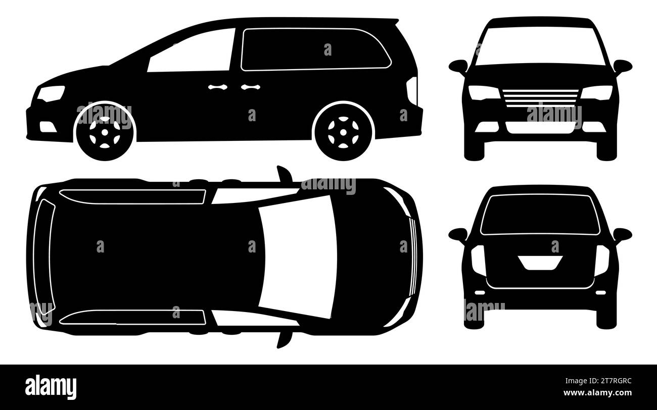 Silhouette des Van auf weißem Hintergrund. Die Fahrzeugsymbole bestimmen die Ansicht von der Seite, von vorn, hinten und von oben Stock Vektor
