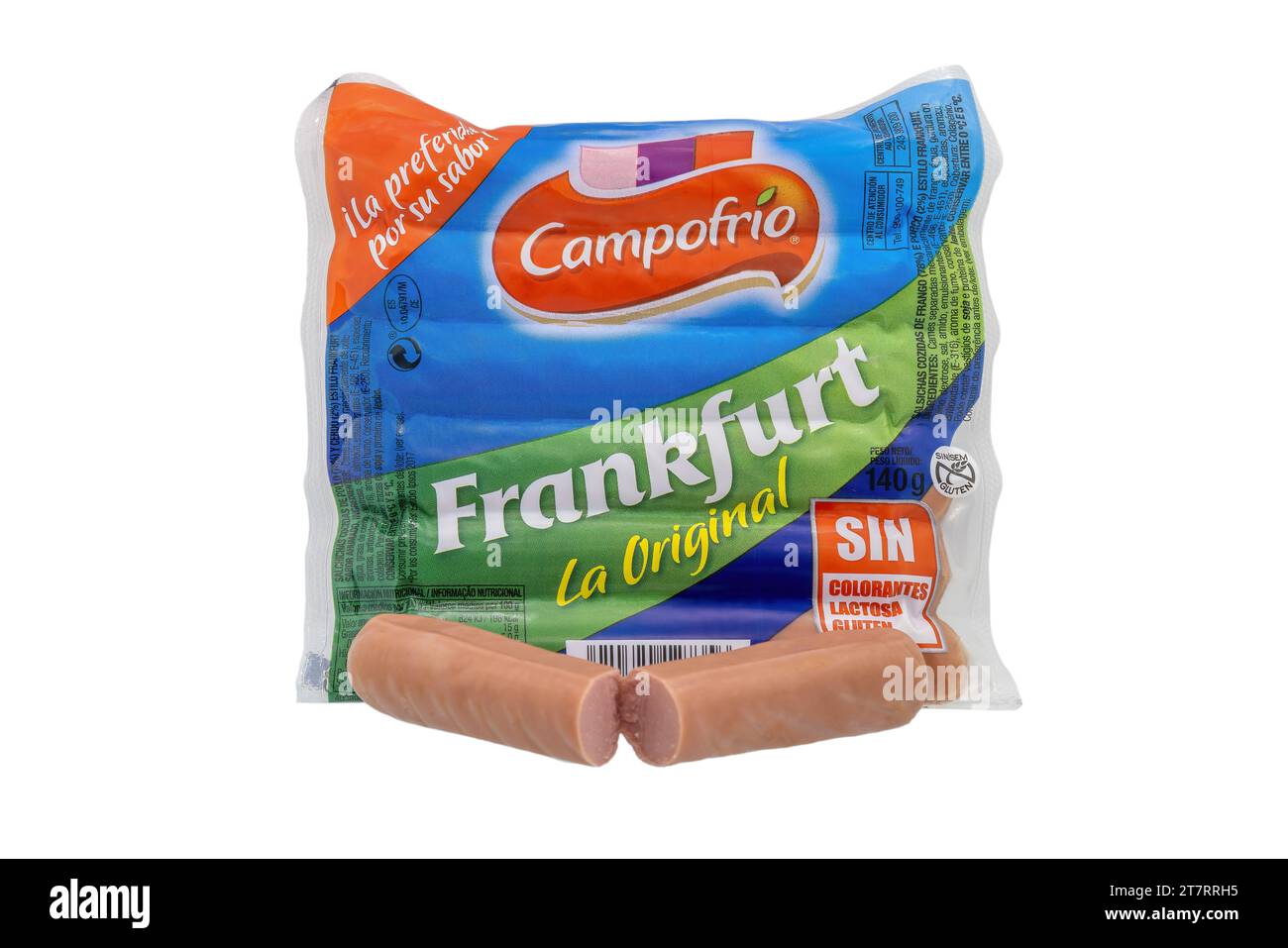 Huelva, Spanien - 17. Oktober 2023: Frankfurter Wurstmarke Campofrío aus mechanisch getrenntem Fleisch von Hühnern und auch Schweinefett Stockfoto