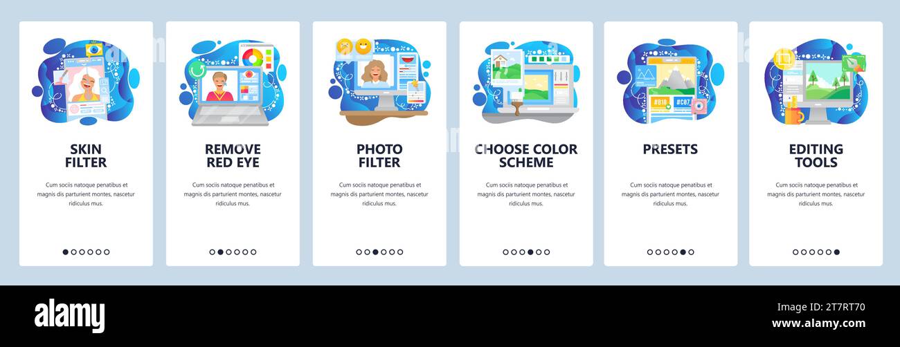 Softwareanwendung für Fotobearbeitung und Bildretusche, Fotofilter. Onboarding-Bildschirme für mobile Apps. Menüvektorbanner-Vorlage für Website und Mobi Stock Vektor