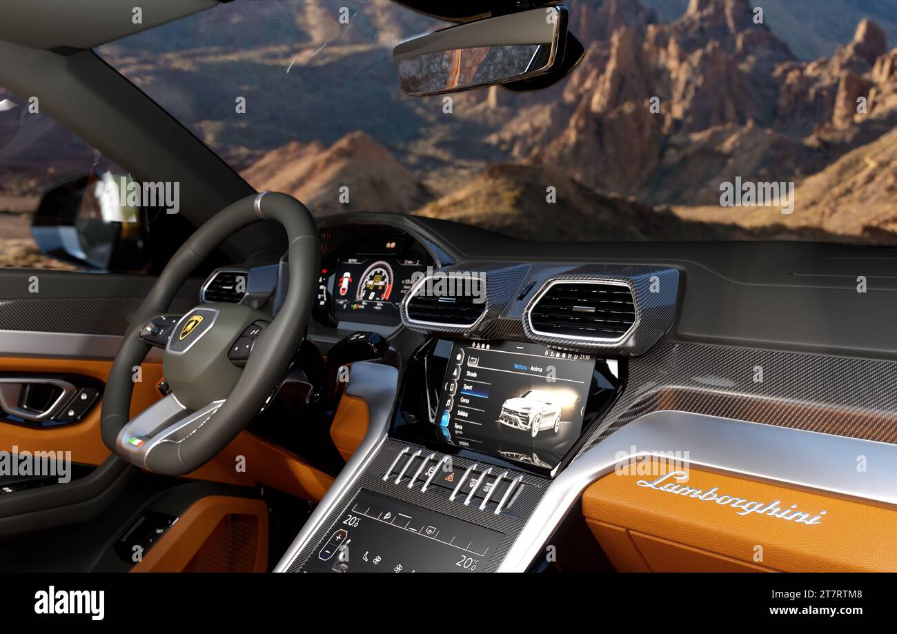 Lamborghini Urus Innenraum, 3D-Rendering Stockfoto