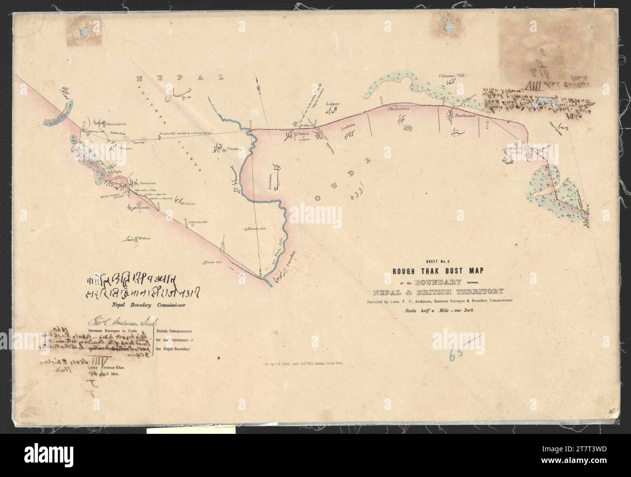 Karte der Grenze zwischen Nepal und British Territory Oudh Stockfoto