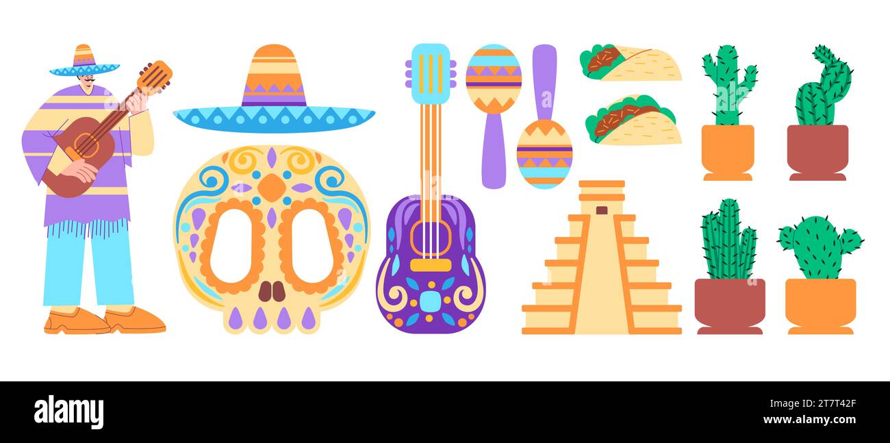 Lateinmexikanische hispanische spanische dekorative Ikone des Festivals Cinco de Mayo Skull Gitarre Sombrero Musik und Essen Stock Vektor