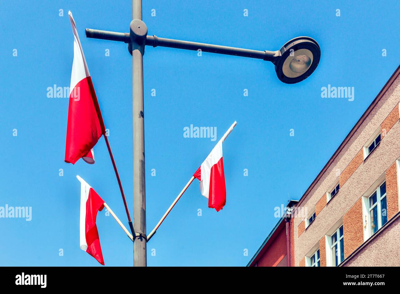 Polnische Flaggen auf einem flaggenstab in Gorlice, Polen. Stockfoto