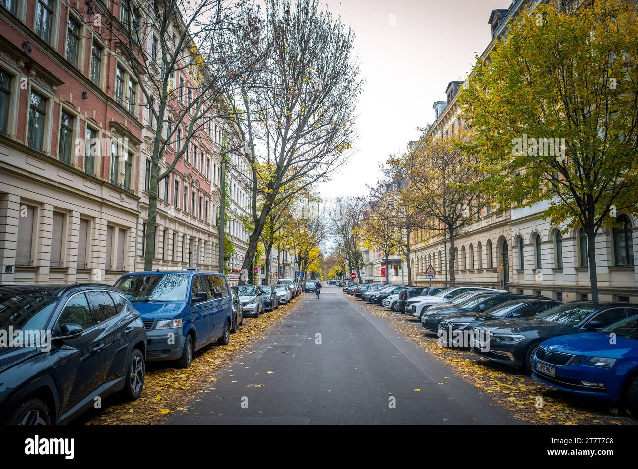 Herbststimmung in Leipzig, das Laub ist Gelb gefärbt. Die Tage werden kürzer. Hier das Waldstraßenviertel. Herbst in Leipzig *** Herbststimmung in Leipzig sind die Blätter gelb gefärbt die Tage werden kürzer hier das Waldstraßenviertel Herbst in Leipzig Credit: Imago/Alamy Live News Stockfoto