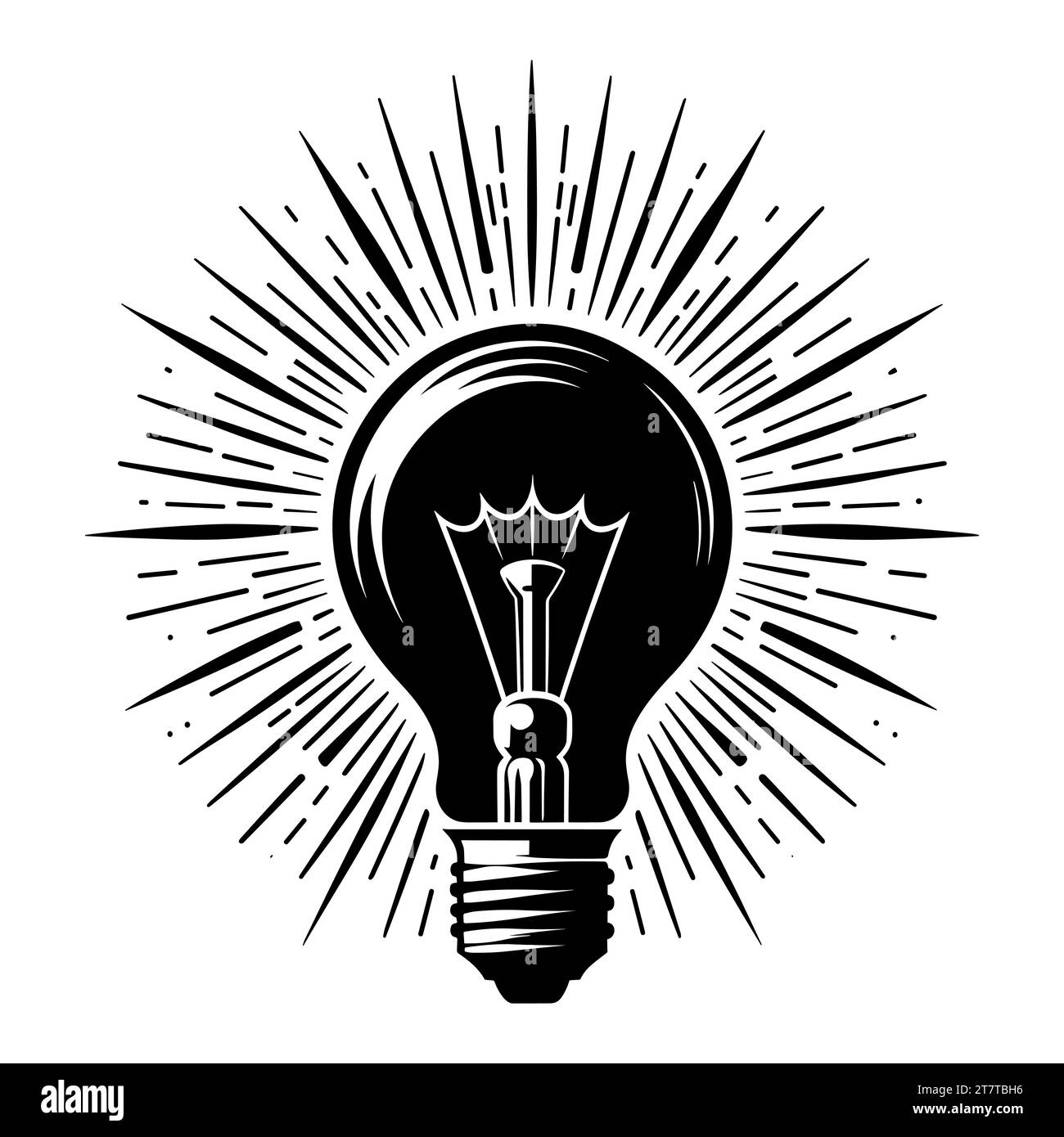 Glühlampensymbol. Monochrom-Glühlampen-Symbol mit strahlenden Lichtstrahlen auf weißem Hintergrund. Innovationskonzept. Vektorabbildung. Stock Vektor