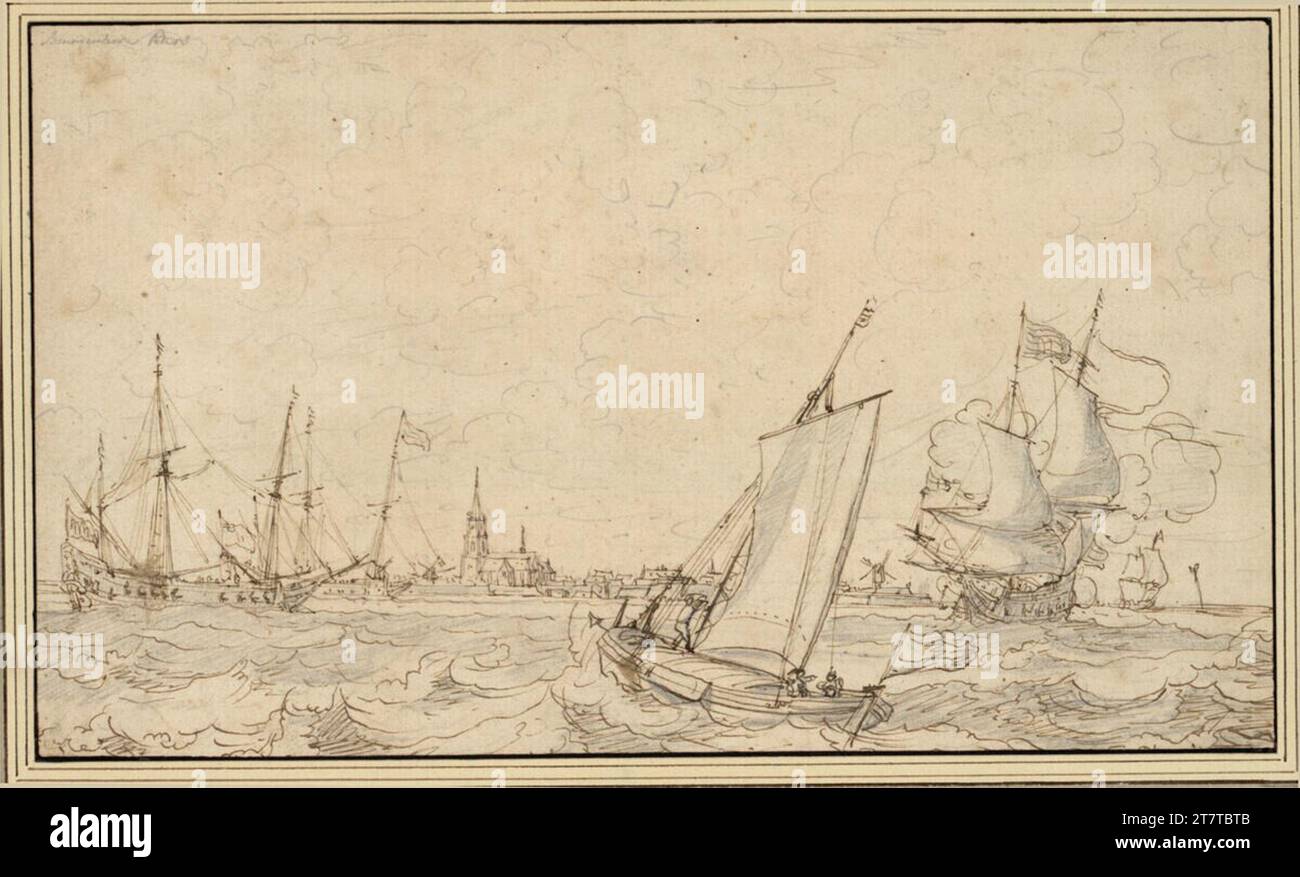 Bonaventura Peeters Segelboot und Kriegsschiffe vor einer Stadt. Graphitstift, Stift in Braun Stockfoto