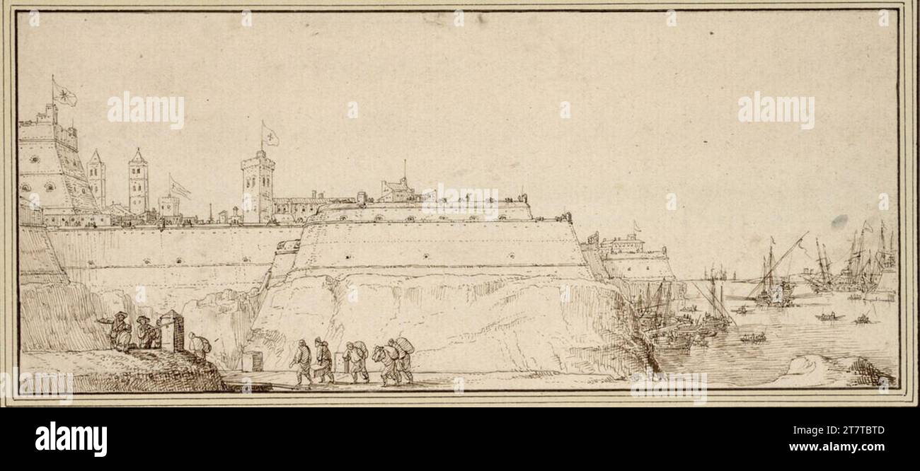 Bonaventura Peeters Blick auf die Bastionen von Valletta (Malta). Feder in Braun, über Graphit-Bleistift Stockfoto