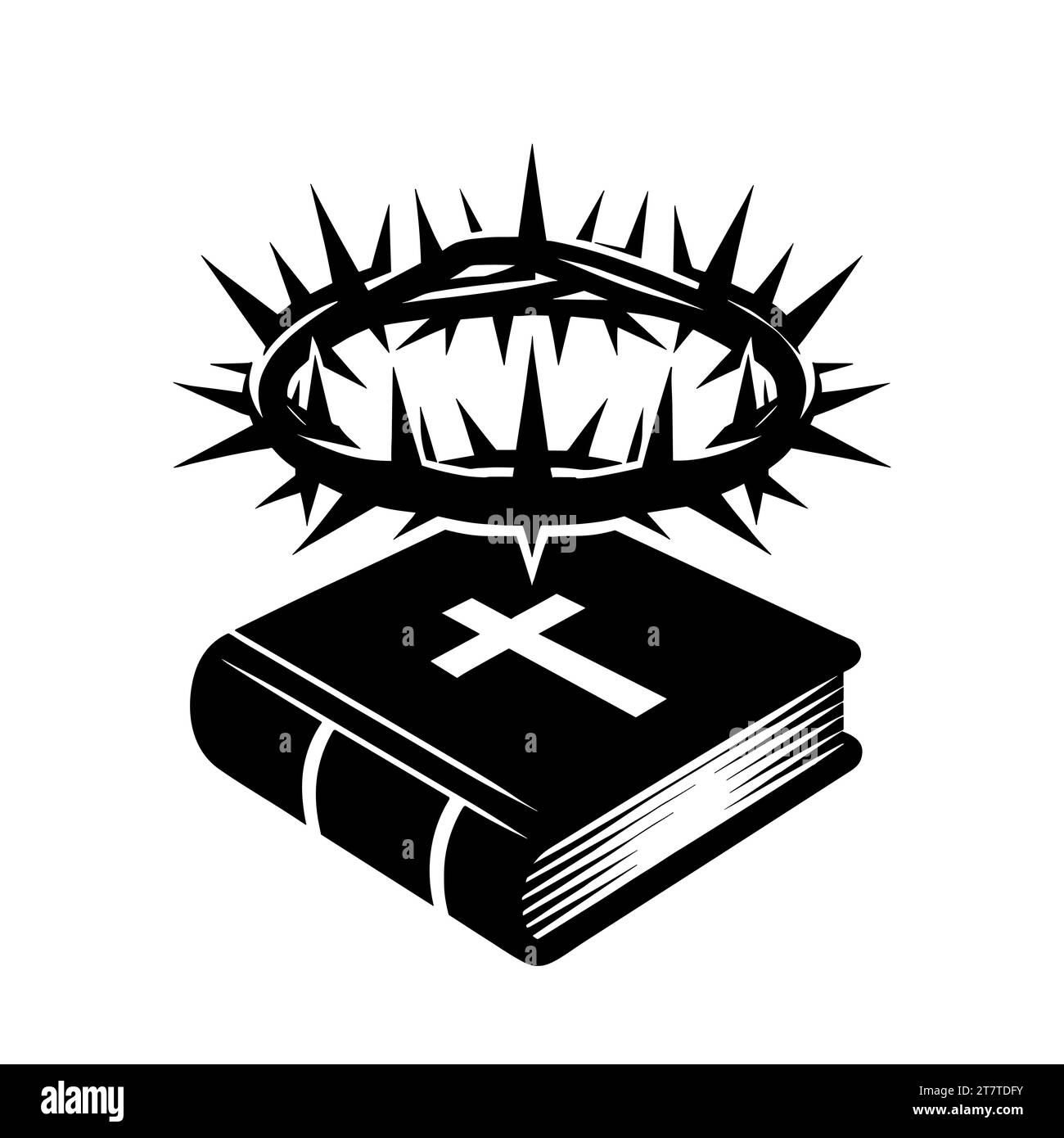 Religiöses Symbol. Schwarze Silhouette einer Bibel mit Kreuz und Dornenkrone. Vektorabbildung. Stock Vektor