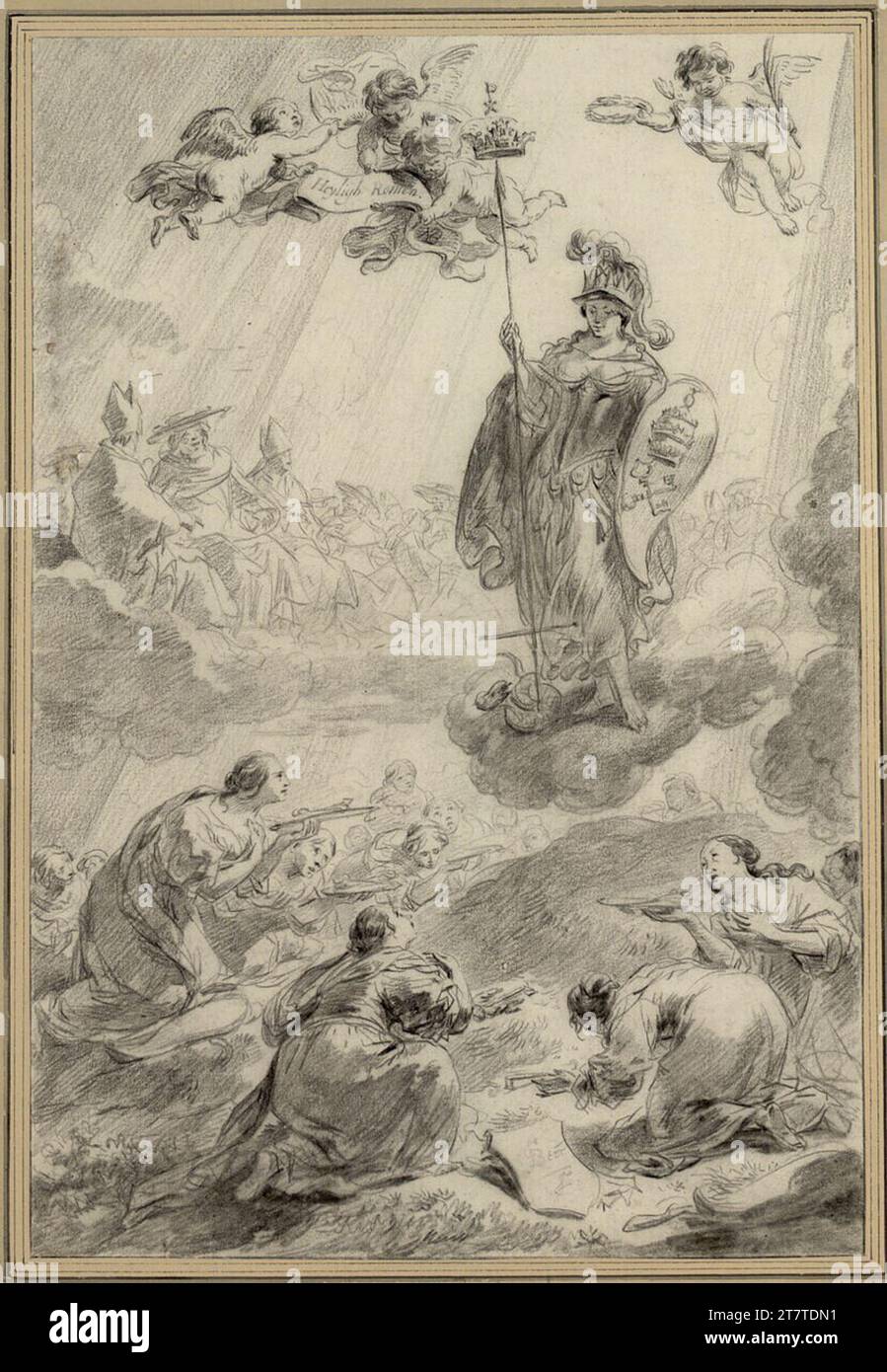 Nicolaes Pietersz. Berchem Allegory über den Triumph der römisch-katholischen Kirche („Heyligh Romen“). Schwarze Kreide; an Stellen, an denen sie aufgetragen oder abgewischt wurde. Um 1658 Stockfoto