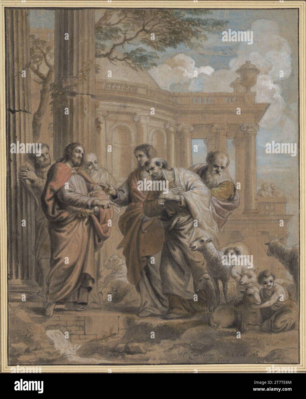 Jan Erasmus Quellinus Christus weist seine Jünger auf Kinder hin, die mit Lämmern spielen. Feder in Grau und Braun, Pinsel in Grau, Deckweiß (stellenweise mit Gelb), Aquarell, über Graphitstift, auf braunem Papier 1685 , 1685 Stockfoto