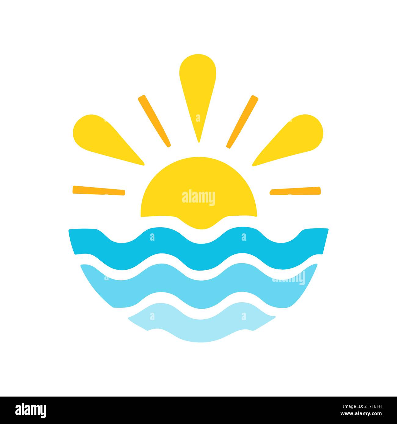 Symbol Sonne mit Wasser. Sonnenaufgang oder -Untergang über Wellen. Gelbe Sonne und welliges blaues Wasser. Vektorabbildung Stock Vektor