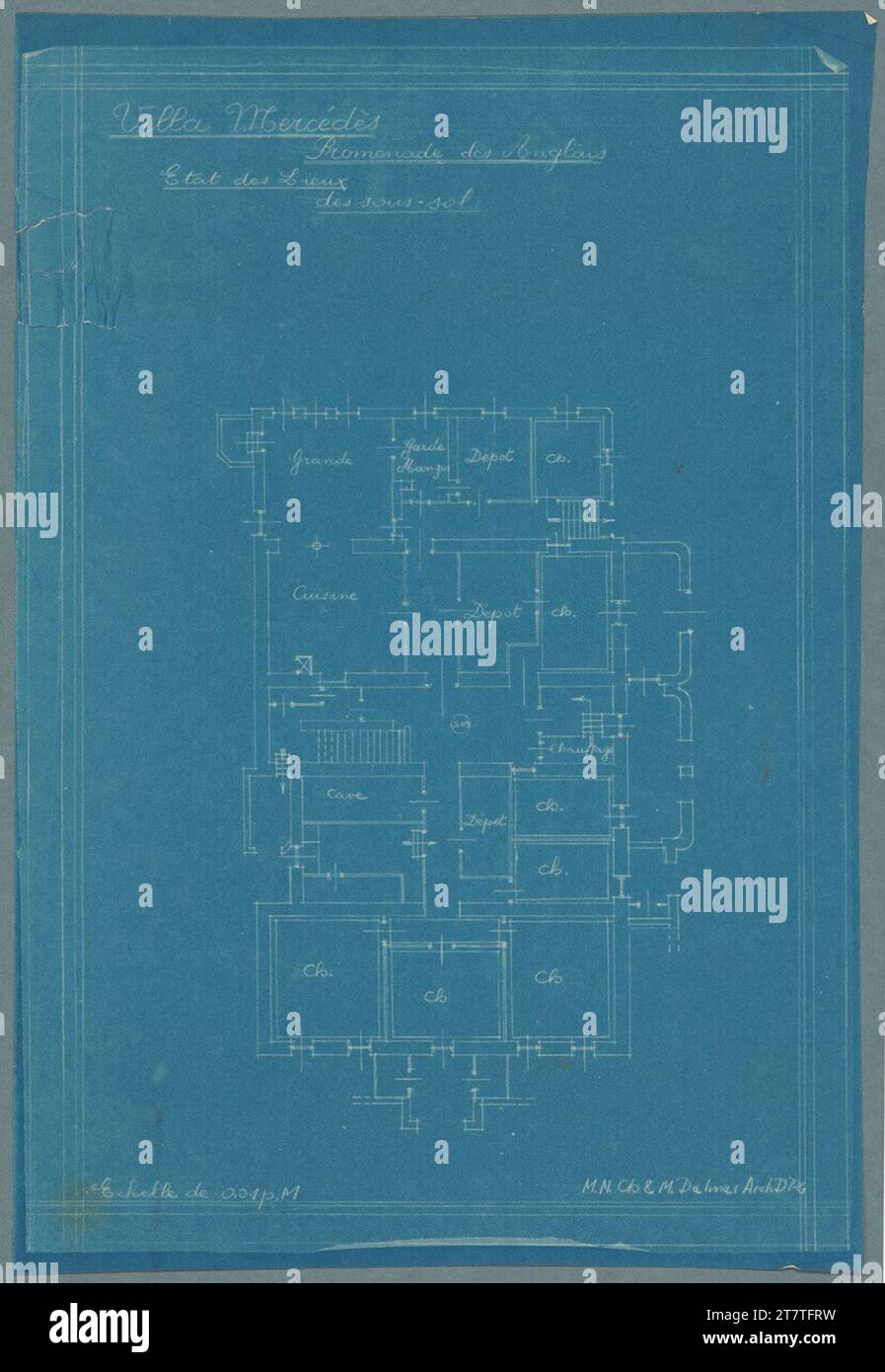 Adolf Loos (Entwerfer in) Villa Mercedes-Jellinek, Nizza, Promenade des Anglais, Frankreich, Grundriss im Untergeschoss. Blueprint 1931 , 1931 Stockfoto