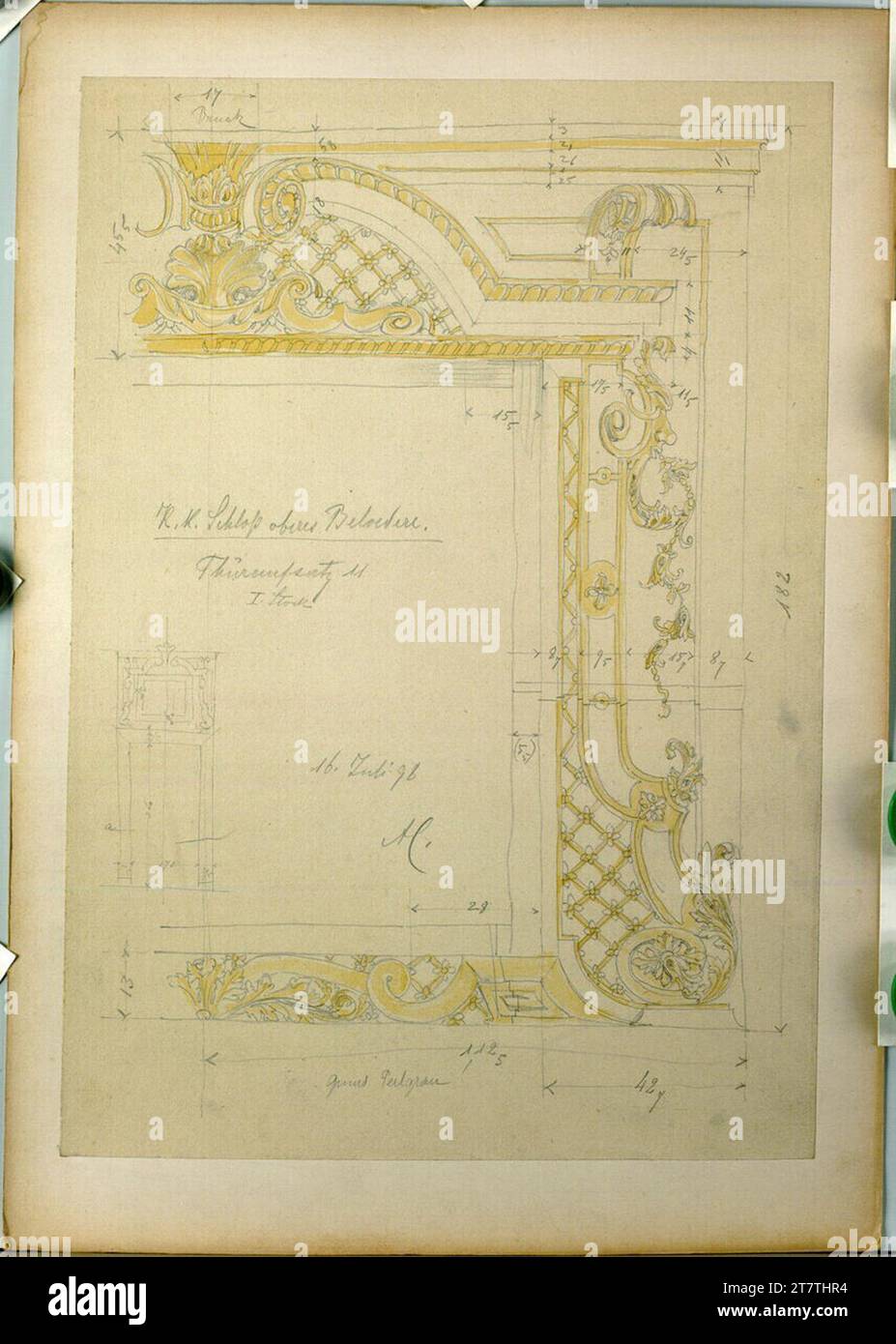 Alfred Castelliz (Zeichner in) Wien, Oberes Belvedere, Supraporte, geöffnet. Papier, mittelstark; Bleistiftzeichnung, Aquarell (gelb) 1898 , 1898 Stockfoto