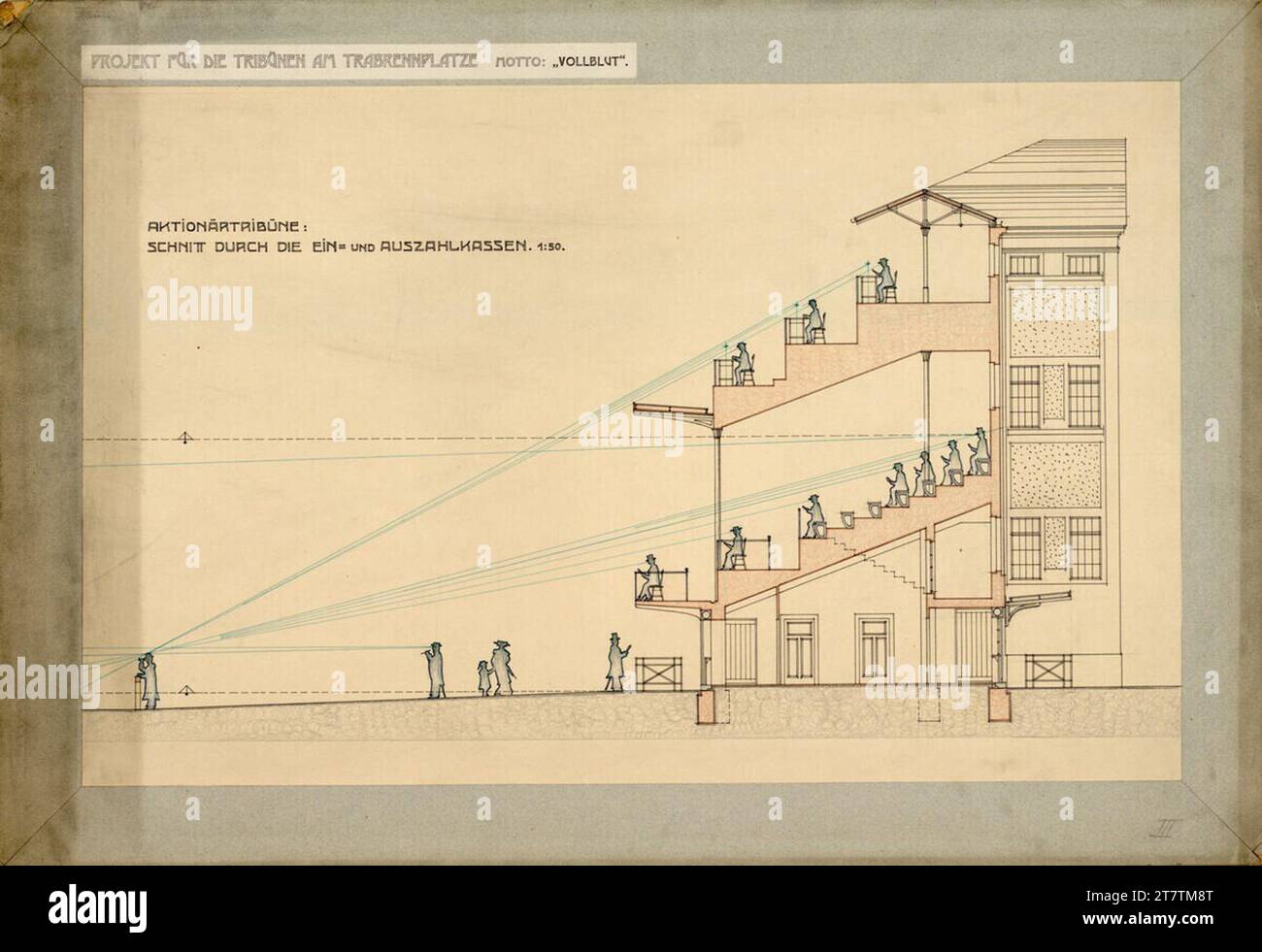 Gebrüder Anton und Josef Drexler (Entwerfer in) Wien, Krieau, Trab-Rennanlage, Wettbewerbsprojekt Vollblut, Drexler, Aktionäre/Registrierkassen, Kürzung, 1910. Bleistiftverordnung, farbiges Muster (blau, grün, braun, grau) und Stiftzeichnung (schwarz, grün); Karton 1910, 1910 Stockfoto