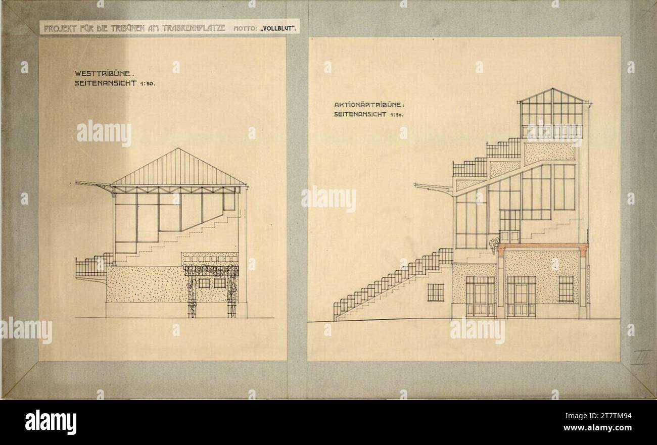 Gebrüder Anton und Josef Drexler (Entwerfer in) Wien, Krieau, Trab-Rennanlage, Wettbewerbsprojekt Vollblut, Drexler, West und Aktionäre, Seitenansicht, 1910. Bleistiftbezeichnung und schwarze Stiftzeichnung, Farbstift (braun); Karton 1910 , 1910 Stockfoto