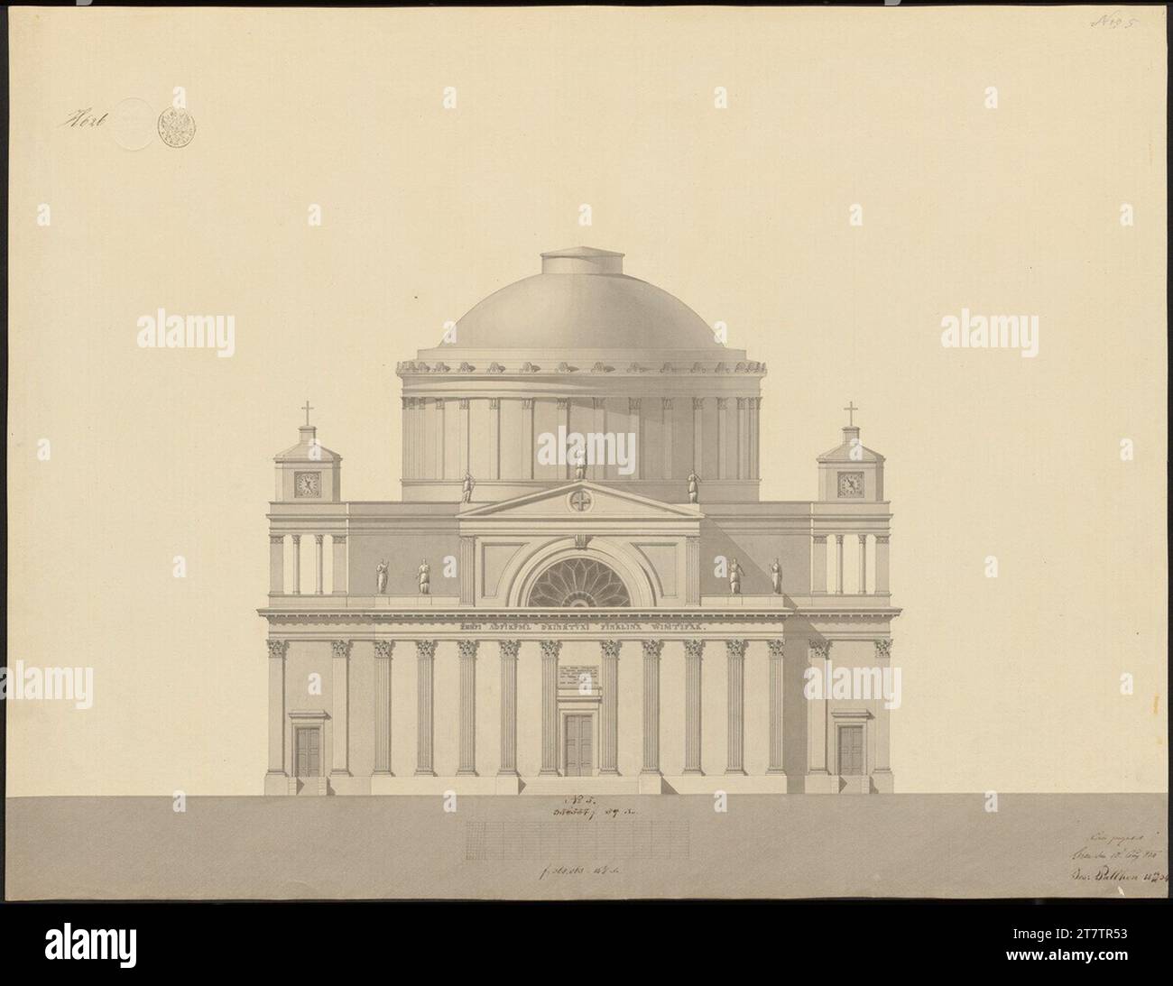 Joseph Pallhon (Zeichner in) Gran, Kathedrale, alternativer Entwurf Nr. 5, Ansicht. Papier; Stiftzeichnung; Konstruktionszeichnung in Bleistift, Feder in schwarz und grau, grau, Stempel 1834 , 1834 Stockfoto