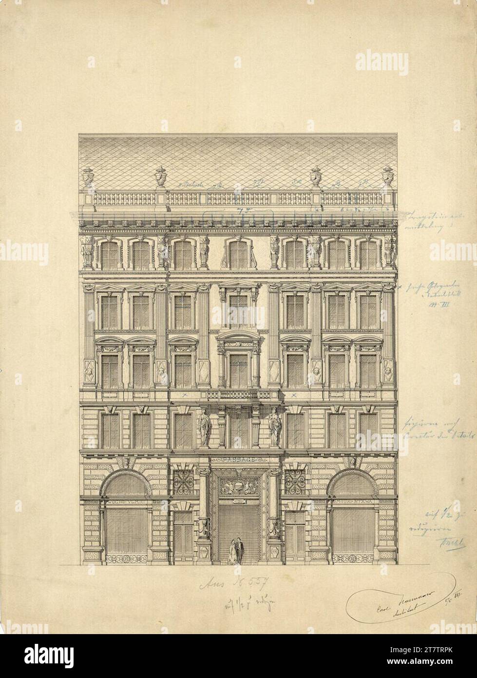 Carl von Hasenauer Wien I, Graben 31, Azienda-Hof, Fassade zum Graben, Onriß. Bleistift und Tinte mit Feder auf Papier 5.5.1867 , 05.1867 Stockfoto