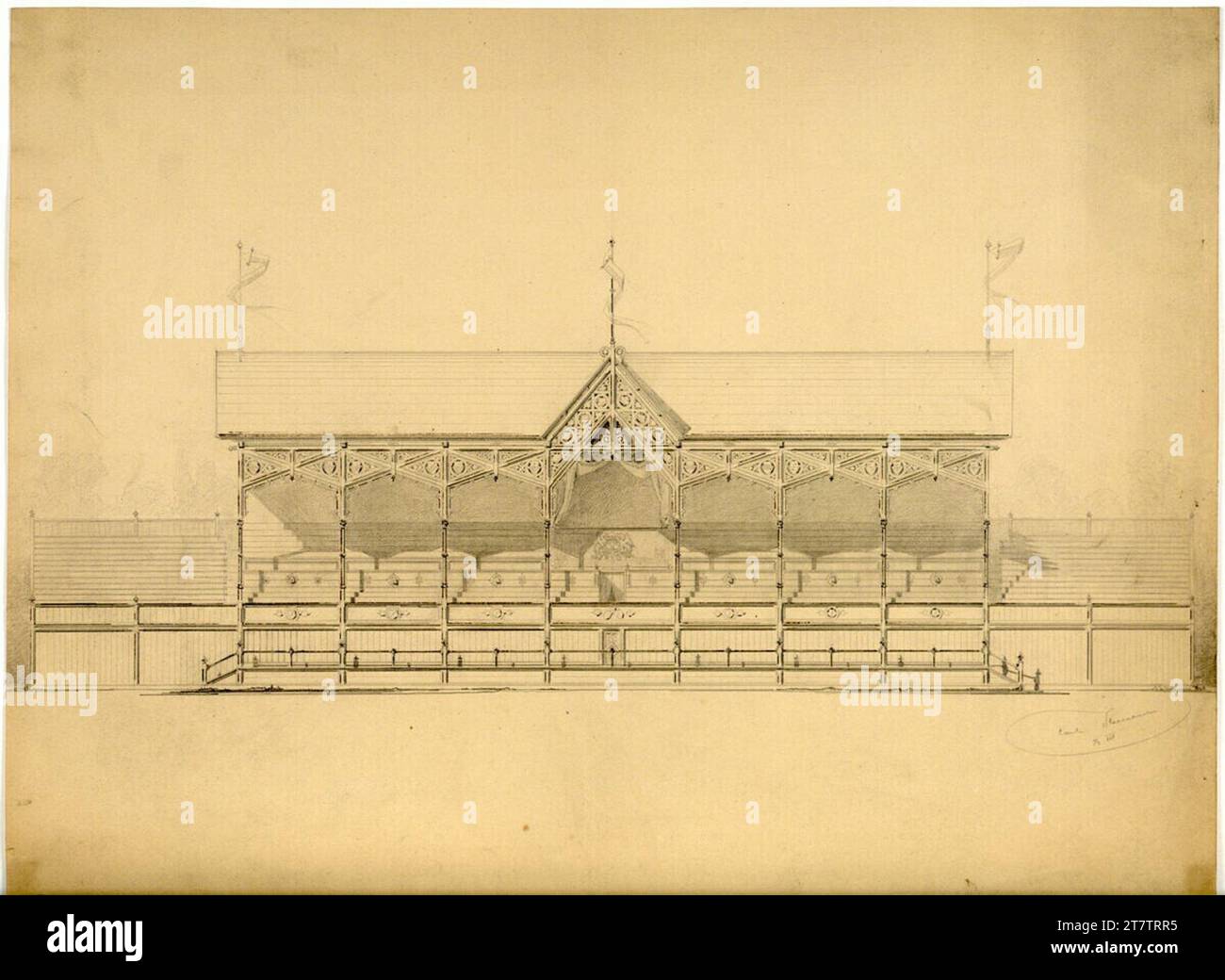 Carl von Hasenauer Wien II, Freudenau, Tribüne, Entwurf, on.riß. Bleistift und Tinte mit Feder auf Papier 11.3.1858 , 11.03.1858 Stockfoto