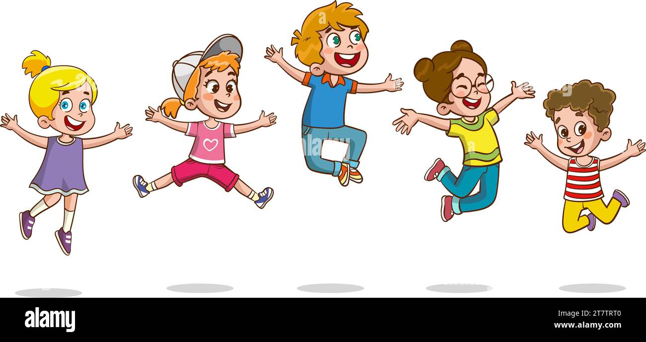 Fröhliche Kleine Kinder, Die Spaß Haben. Vektor-Illustration von niedlichen Kindern, die tanzen springen Stock Vektor