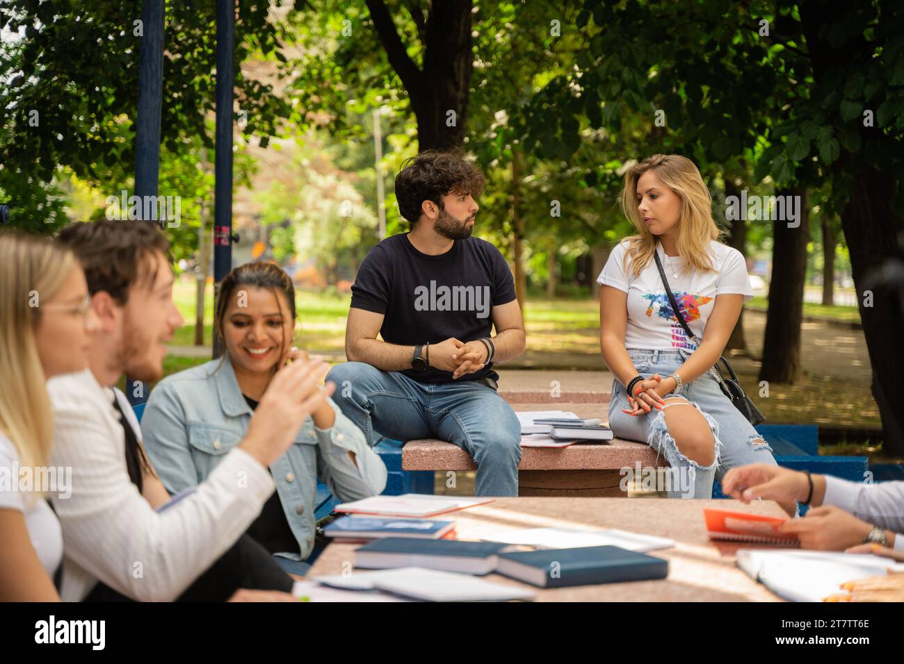 Eine Gruppe verschiedener Universitätsstudenten, die sich mit akademischen Debatten und der Zusammenarbeit im Campus Yard beschäftigen Stockfoto