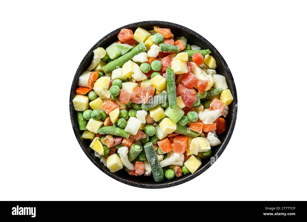 Gefrorenes Gemüse. Brokkoli, Kirschtomaten, Mais, Erbsen, Karotten. Isolieren, weißer Hintergrund Stockfoto