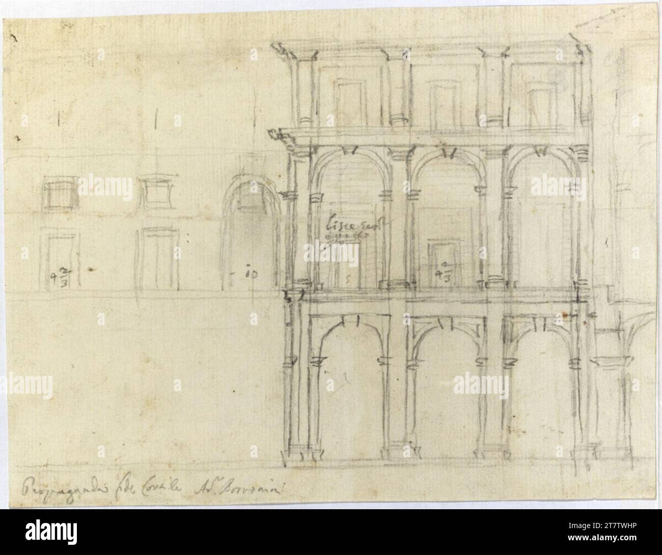 Francesco Borromini (Entwerfer in) Rome, Collegio di Propaganda Fide, Hof, Upper. Papier, mittelstark; Graphisches Zeichnen; Konstruktion, Zeichnen und Etikettieren in Graphit 1667 , 1667 Stockfoto