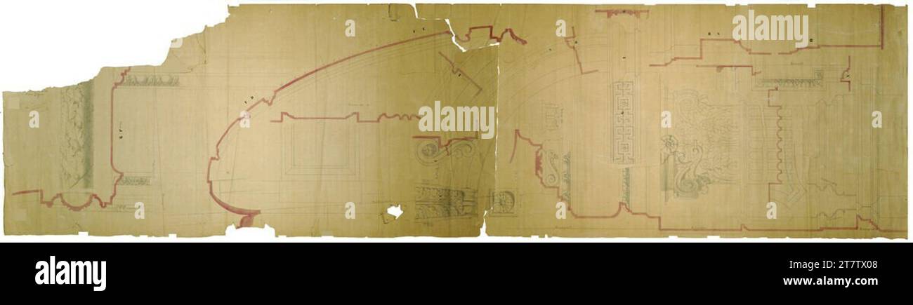 Carl von Hasenauer Wien I, Bösendorferstraße 13, Palais Lützow, Pilaster- und Balkenschmuck, Erholung und Profile. Bleistift, Frühling in Schwarz und Rot, Aquarell 17.4.1871, 17. 04. 1871 Stockfoto