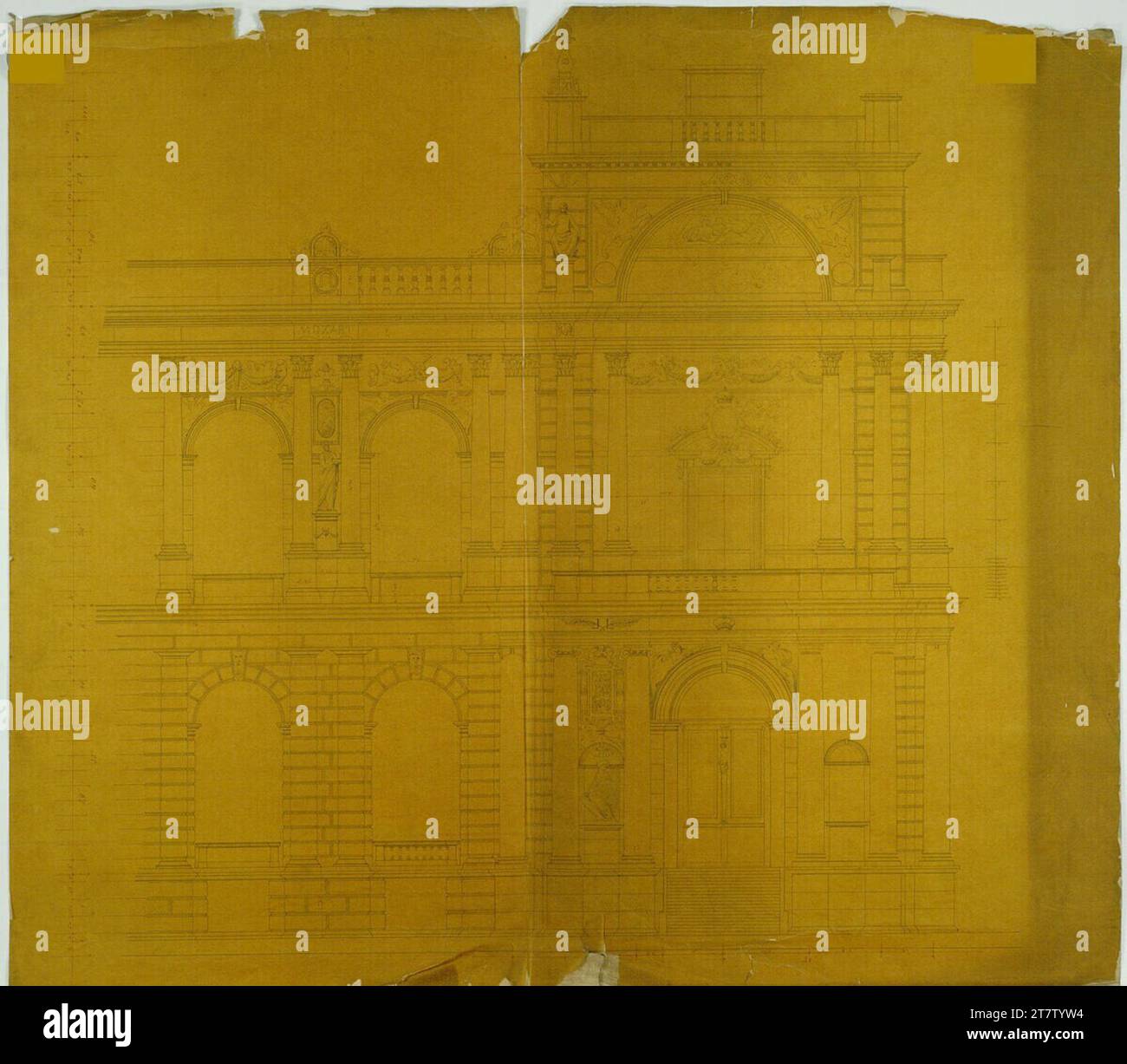 Gottfried Semper (Entwerfer in) München, Entwurf für das Richard-Wagner-Festspielhaus, Hauptfassade, ON.riß. Transparentpapier auf Papier, Bleistift, Frühling in schwarz und rot um 1865 Stockfoto