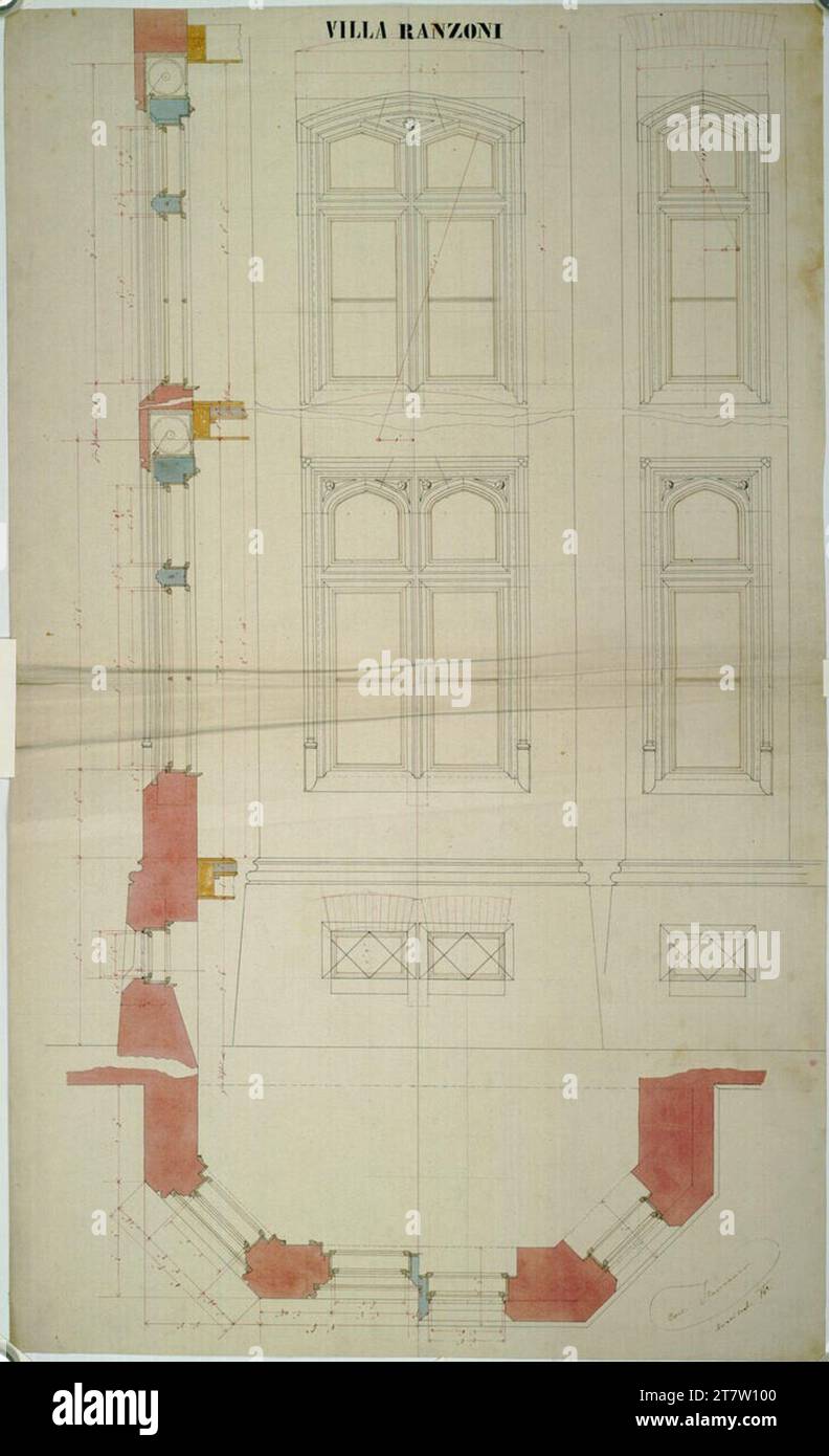 Carl von Hasenauer Oberösterreich, Traunsee, Altmünster, Villa Ranzoni, polygonales Erkerfenster, Grundriss, Erholung und Schnitt. Bleistift, Frühling in Schwarz, Braun und Rot, Aquarell 1862, 1862 Stockfoto