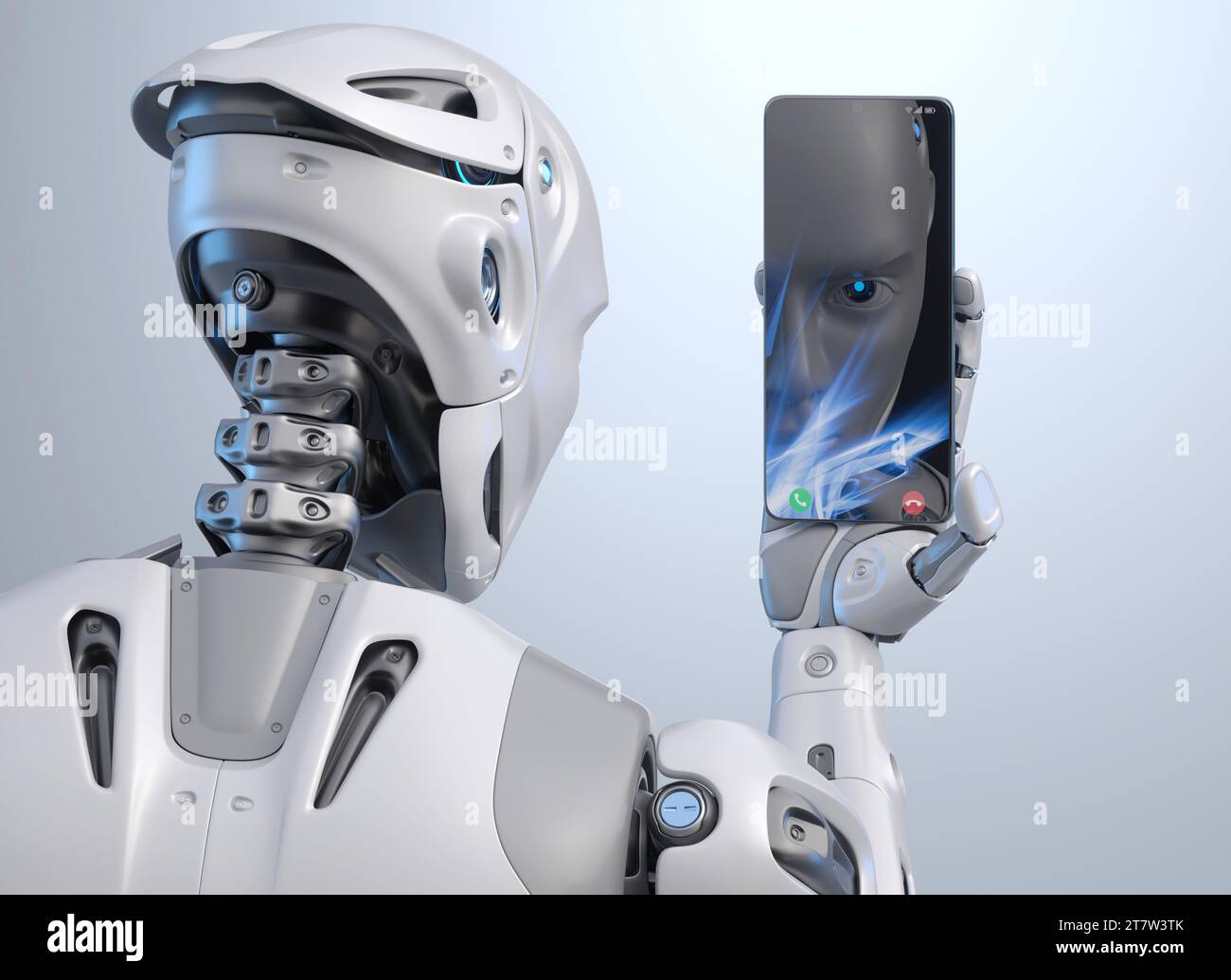 Roboter Nimmt Selfie-Foto Auf Dem Smartphone Auf. 3D-Abbildung Stockfoto