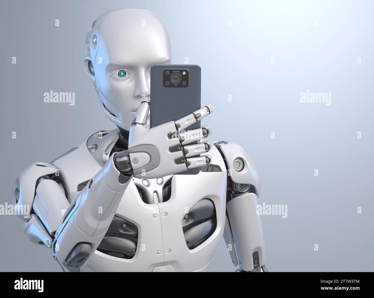 Roboter Foto Auf Smartphone Aufnehmen. 3D-Abbildung Stockfoto