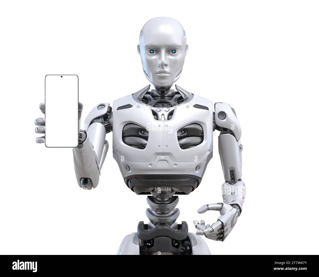 Futuristischer android-Roboter, der ein Smartphone hält oder verwendet. 3D-Abbildung Stockfoto