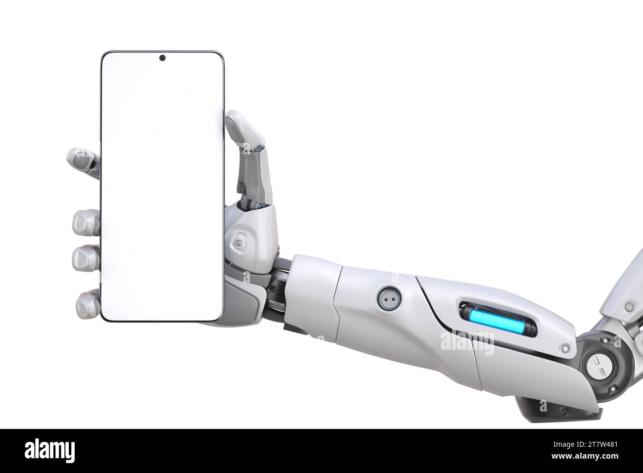 Futuristischer android-Roboterarm, der ein Smartphone hält. 3D-Abbildung Stockfoto